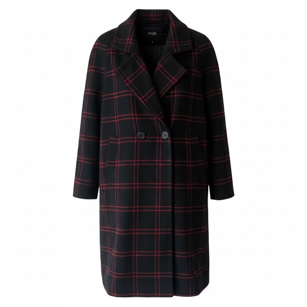 MAJEBlack Red Plaid Wool Blend‎ Long Coat Double Breasted Size 36
